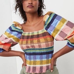 Anthropologie Farm Rio Rainbow Plaid Seline Puff Sleeve Smocked Blouse NEW